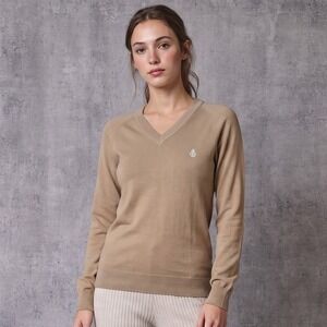 Volcom Mens Small Tan V-Neck Sweater Corpo Class A07313S0 Embroidered Logo Khaki